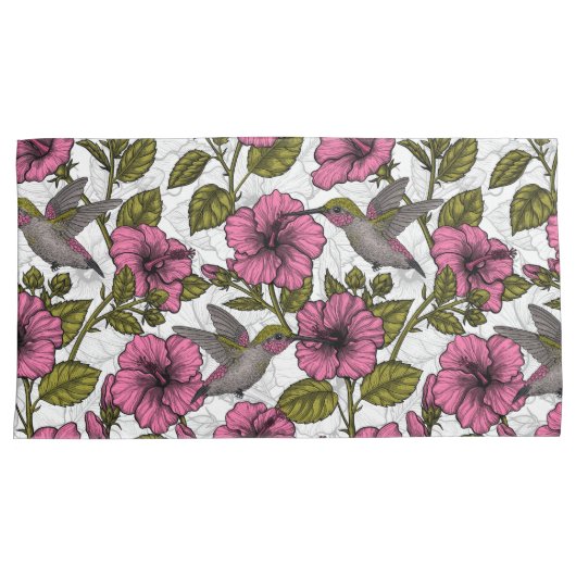 Housse D'oreillers Colibris et fleurs d'hibiscus roses (devant-Droit)