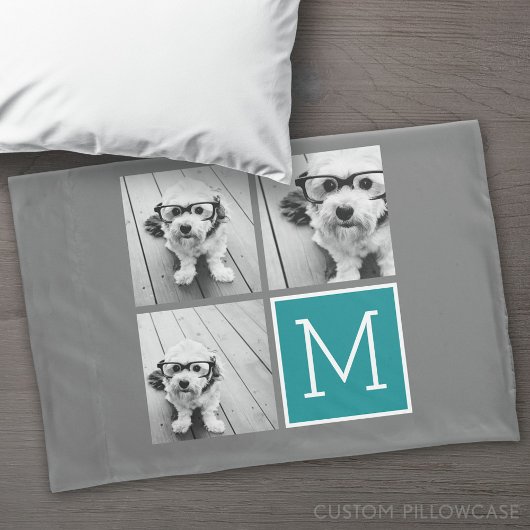 Housse D'oreillers Collage de photos gris et Turquoise Monogramme