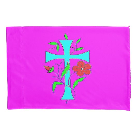HOUSSE D'OREILLERS CONCEPTION DE CROIX BRILLANTES ET FLEURS (devant)