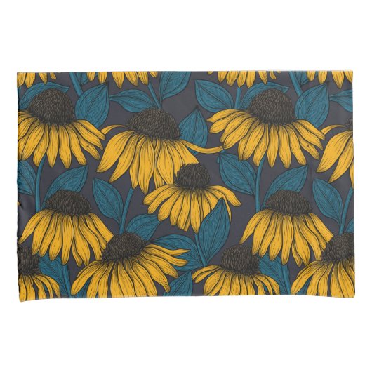 Housse D'oreillers Confleurs jaunes sur bleu foncé (devant-Droit)