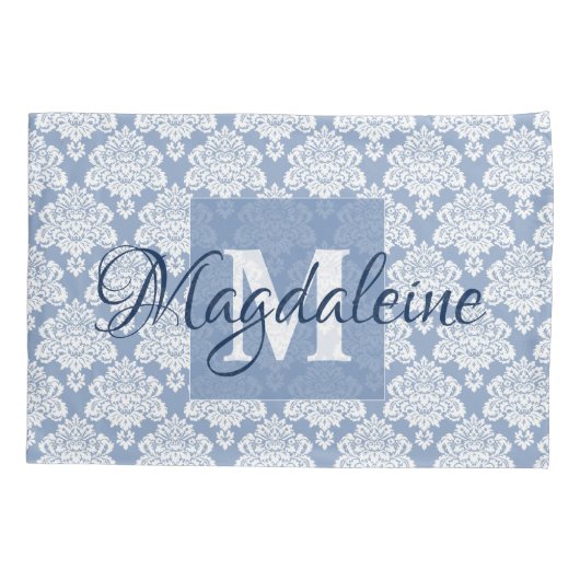 Housse D'oreillers Coque Coussin Damask bleu avec Monogram & Name (Dos)