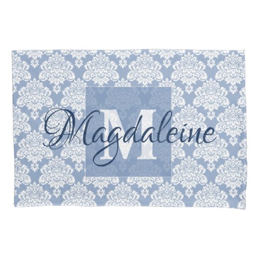 Housse D'oreillers Coque Coussin Damask bleu avec Monogram & Name (devant)