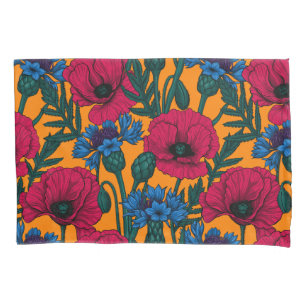 Housse D'oreillers Coquelicots rouges et fleurs de maïs bleues sur or