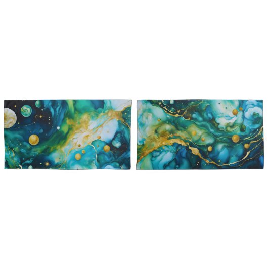 Housse D'oreillers Cosmos d'encre d'alcool bleu vert or (devant-Set)