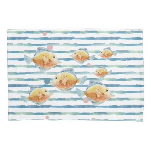 HOUSSE D'OREILLERS CÔTE CLAIR COULEUR D'EAU POISSON TROPICAL, PLAGE (devant)