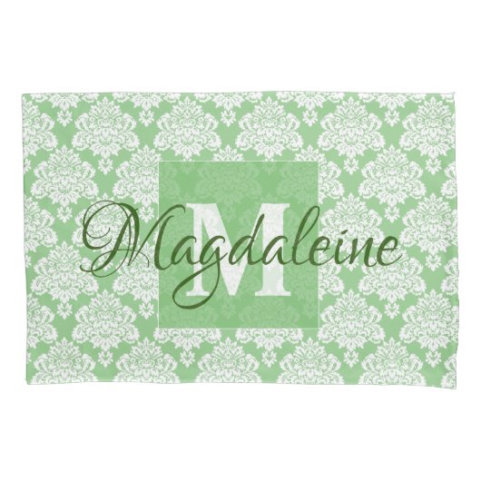 Housse D'oreillers Coussin Sage Green Damask Coque avec Monogram (devant)