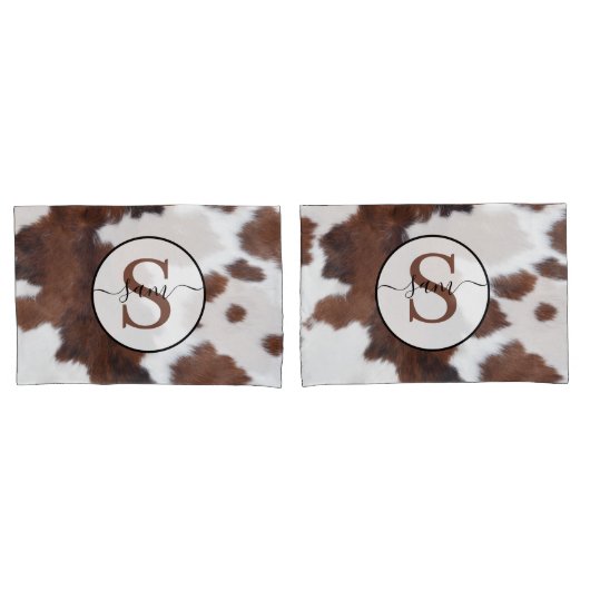 Housse D'oreillers Cowhire Brown Monogramme blanc Pillowcase (devant-Set)