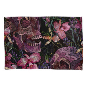 Housse D'oreillers Crâne brodé : Motif gothique de l'orchidée