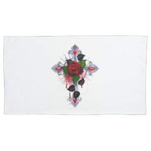 Housse D'oreillers Croix d'argent avec une rose rouge