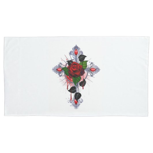 Housse D'oreillers Croix d'argent avec une rose rouge (devant)