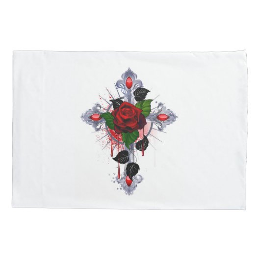 Housse D'oreillers Croix d'argent avec une rose rouge (Dos-gauche)