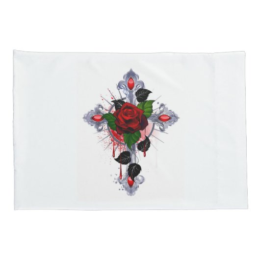 Housse D'oreillers Croix d'argent avec une rose rouge (Dos-Droit)