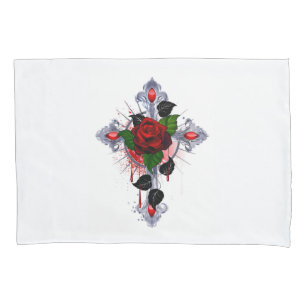 Housse D'oreillers Croix d'argent avec une rose rouge
