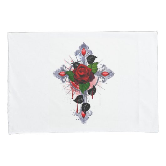 Housse D'oreillers Croix d'argent avec une rose rouge (devant-Droit)