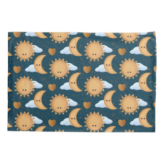 Housse D'oreillers Cute Kawaii Blue Gold Sun Moon Hearts (Dos)