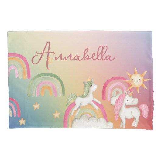 Housse D'oreillers Cute licorne sur arc-en-ciel (devant)