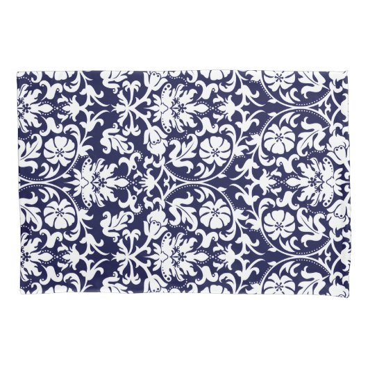 Housse D'oreillers Damas floral bleu marine et blanc (devant-gauche)