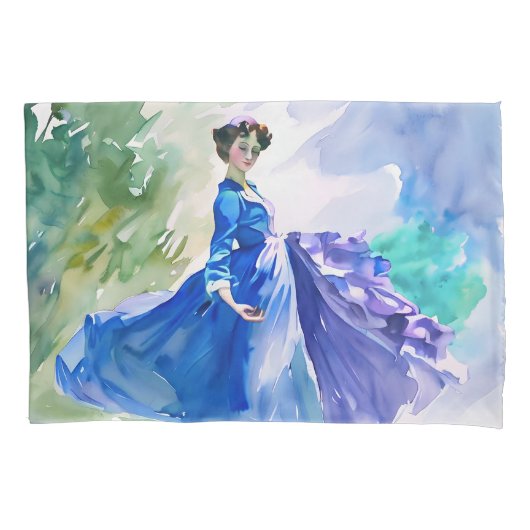 Housse D'oreillers Dame en Robe Bleue - Peinture aquarelle (devant)