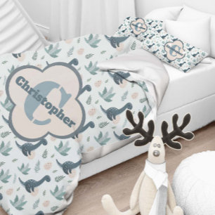 Housse D'oreillers Dinosaure Vert Bleu mignon avec Monogramme et Nom