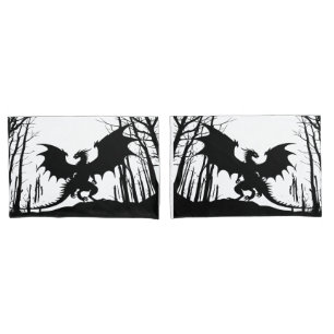 Housse D'oreillers Dragon noir en silhouette sur blanc - Imaginaire