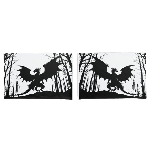 Housse D'oreillers Dragon noir en silhouette sur blanc - Imaginaire | (devant-Set)