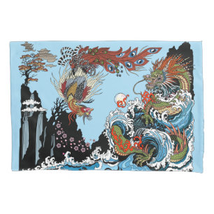 Housse D'oreillers Dragon vert et Feng Huang. Illustration