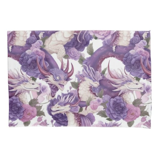Housse D'oreillers Dragons violets et blancs et Pillowcase Rose (devant-gauche)