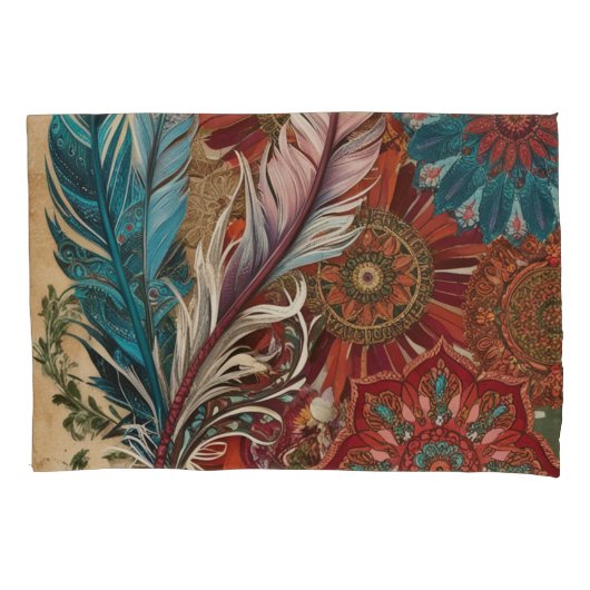 Housse D'oreillers Eclectique Boho Chic Plumes Mandala (devant-gauche)