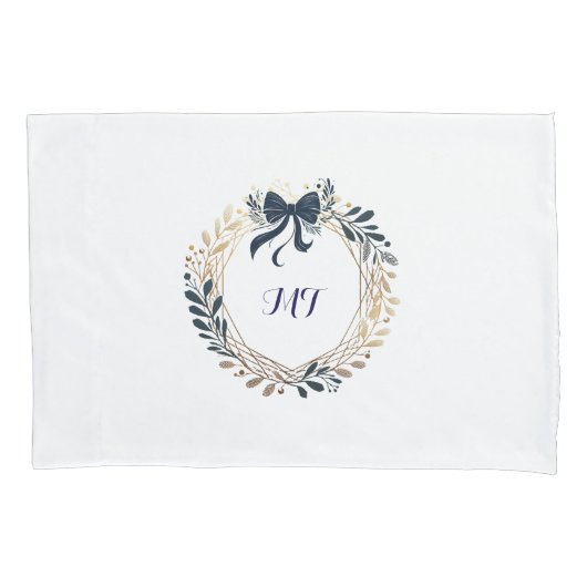 Housse D'oreillers Elégant Monogram Navy et Gold Wreath Bow (devant)