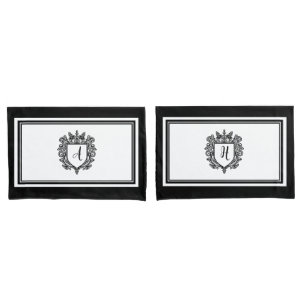 Housse D'oreillers Élégant Monogramme Initiales Crest noir sur blanc