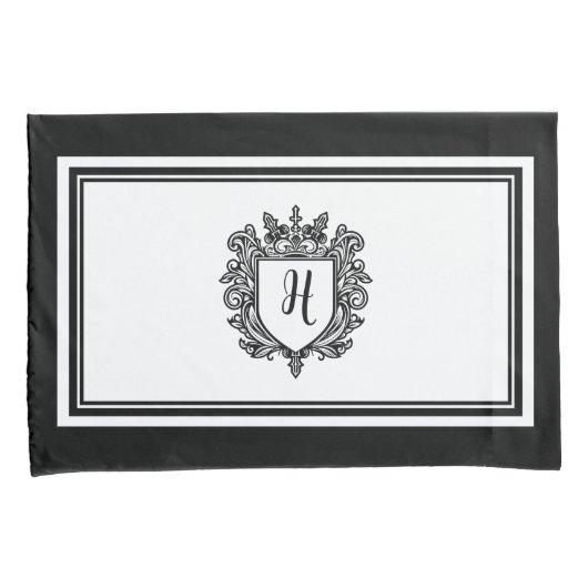 Housse D'oreillers Élégant Monogramme Initiales Crest noir sur blanc (devant-Droit)