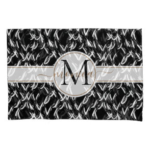 Housse D'oreillers Élégant noir Abstrait Floral Or Monogramme
