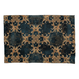 Housse D'oreillers Eléments dorés baroques, turquoise foncé sans soud