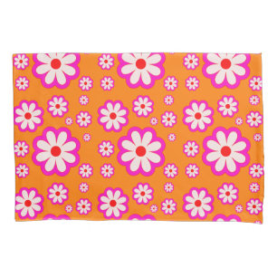 Housse D'oreillers Feu Orange & Poitrine Rose les années 70 Fleur BOH
