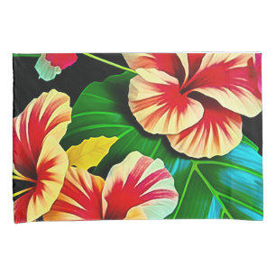 Housse D'oreillers Feuilles tropicales colorées et fleurs d'Hibiscus