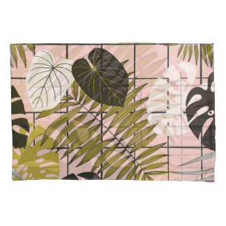 Housse D'oreillers Feuilles tropicaux, fleurs, motif peint à la main.