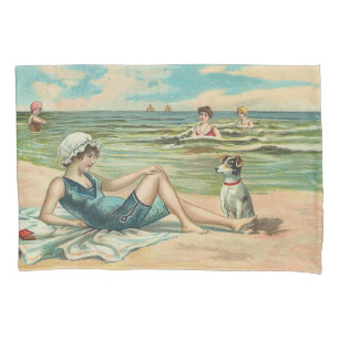 Housse D'oreillers Fille et chien victoriens vintage au bord de la me