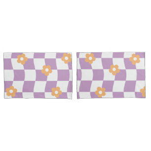 Housse D'oreillers Fille violet blanc damier motif floral