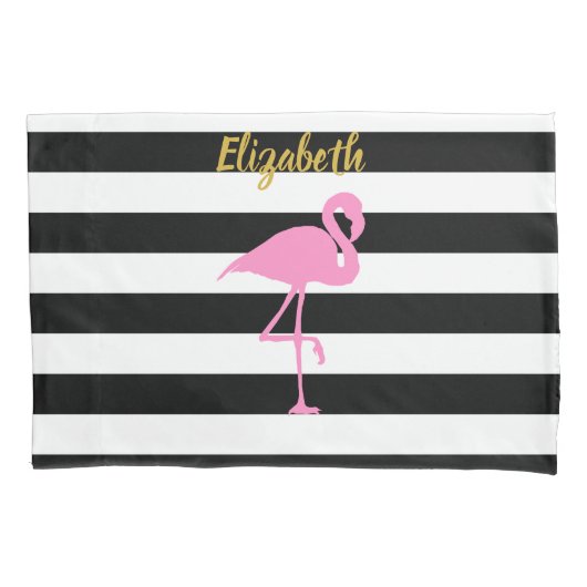 Housse D'oreillers Flamant rose rose Gold Script noir blanc rayures (devant)