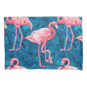 Housse D'oreillers Flamants roses sur feuilles de bananes bleues