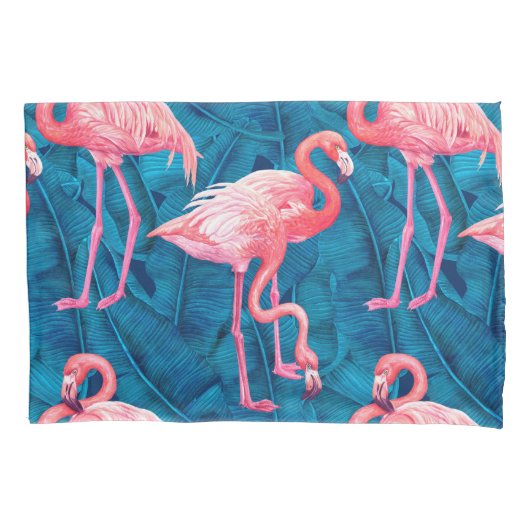 Housse D'oreillers Flamants roses sur feuilles de bananes bleues (devant)