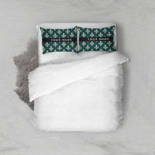 Housse D'oreillers Fleur de Lis, Beige sur Vert, Royal, Votre Nom