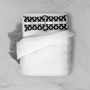 Housse D'oreillers Fleur de Lis, Blanc sur Noir, Blanc, Votre Nom