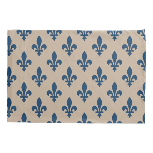 Housse D'oreillers Fleur de Lis Motif, Royal French Blue sur Crème (Dos)