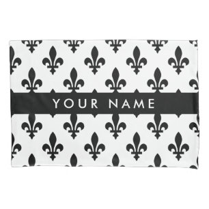 Housse D'oreillers Fleur de Lis, Noir sur Blanc, Noir, Votre Nom