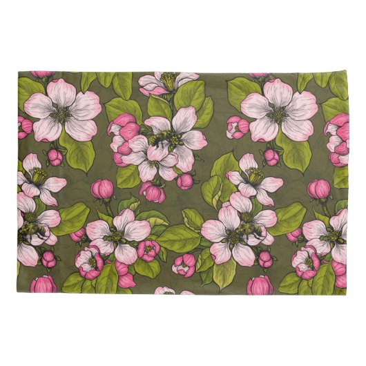 Housse D'oreillers Fleur de pomme sur vert foncé (Dos-gauche)