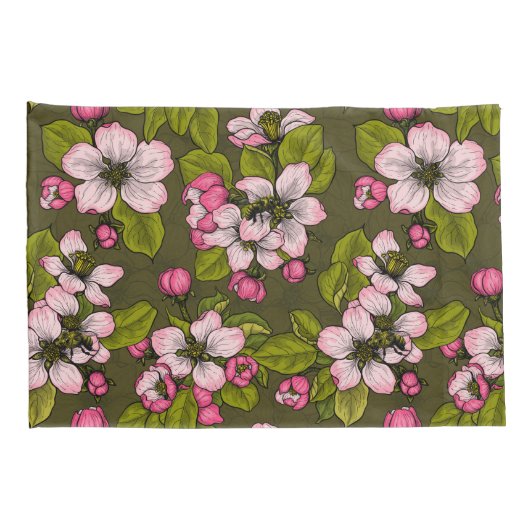 Housse D'oreillers Fleur de pomme sur vert foncé (Dos-Droit)