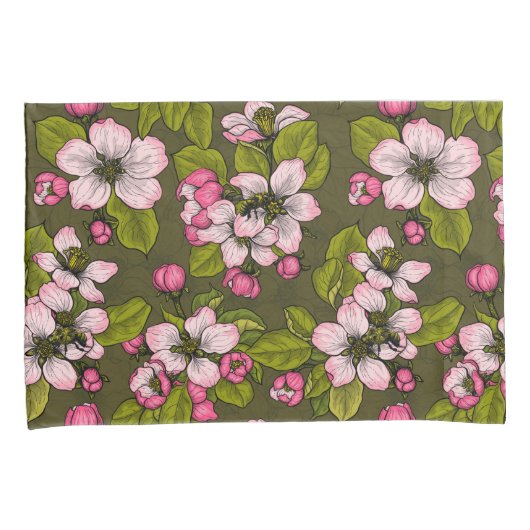 Housse D'oreillers Fleur de pomme sur vert foncé (devant-Droit)