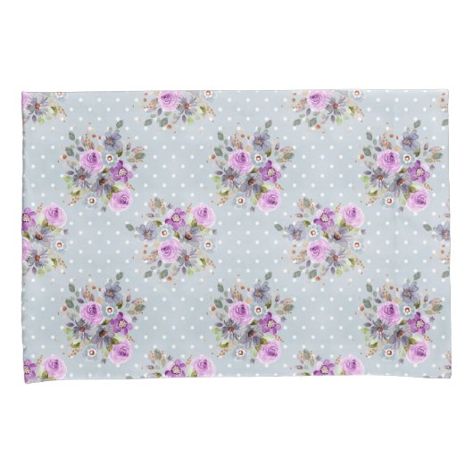 Housse D'oreillers Fleur pourpre Aquarelle Points bleus blancs (devant-Droit)