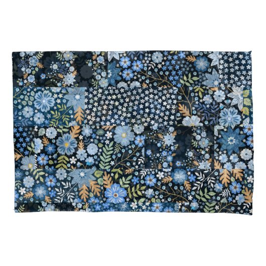 Housse D'oreillers Fleurs Bleues Patchwork : Tissu sans couture. (devant)